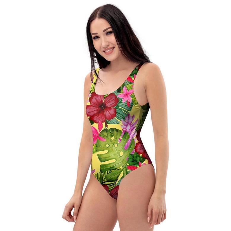 Watercolor Hibiscus Floral Hawaiian Print One Piece Swimsuite