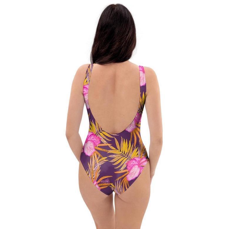 Watercolor Hibiscus Flower Hawaiian Print One Piece Swimsuite