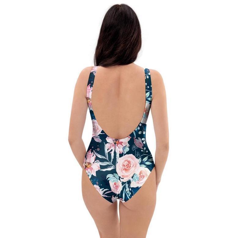 Watercolor Pink Rose Floral One Piece Swimsuite