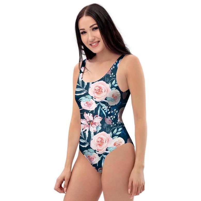 Watercolor Pink Rose Floral One Piece Swimsuite