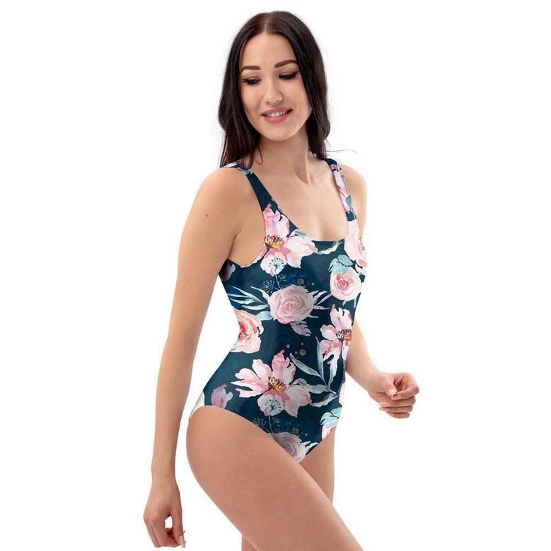 Watercolor Pink Rose Floral One Piece Swimsuite