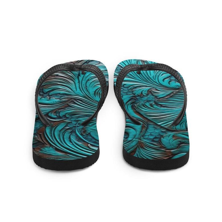 Western Scroll Leather Blue Design Flip-Flops