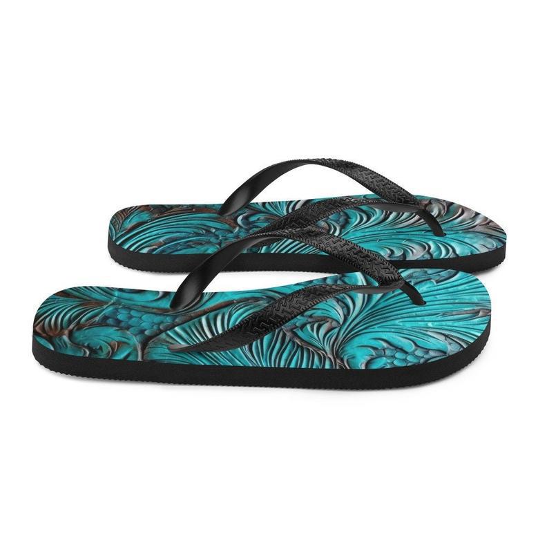 Western Scroll Leather Blue Design Flip-Flops