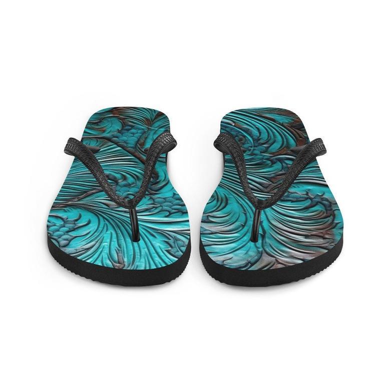 Western Scroll Leather Blue Design Flip-Flops