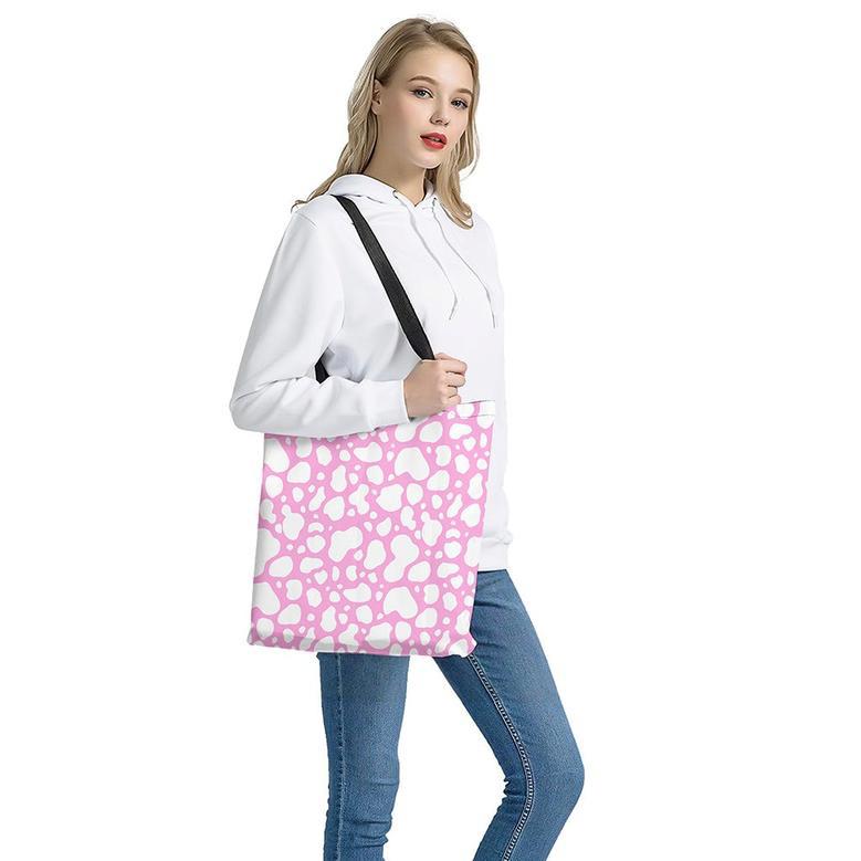 White And Pink Cow Print Tote Bag