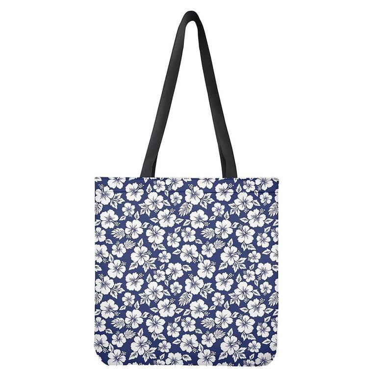 White Blue Hibiscus Floral Pattern Print Tote Bag