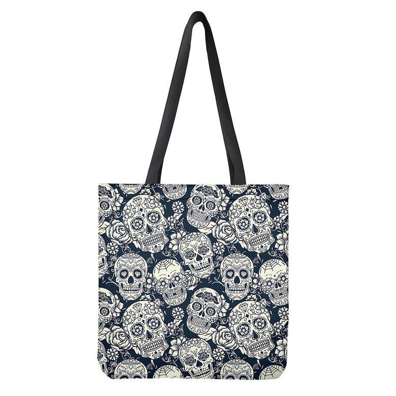 White Floral Sugar Skull Pattern Print Tote Bag