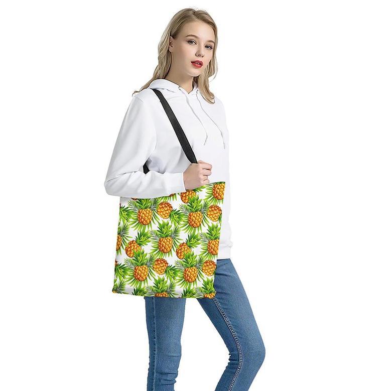 White Tropical Pineapple Pattern Print Tote Bag