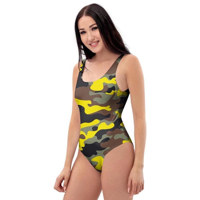 Woodland And Yellow Camo Print One Piece Swimsuite