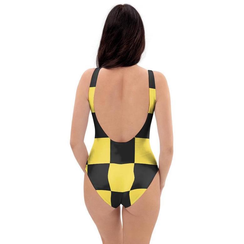 Yellow Checkered Print One Piece Swimsuite