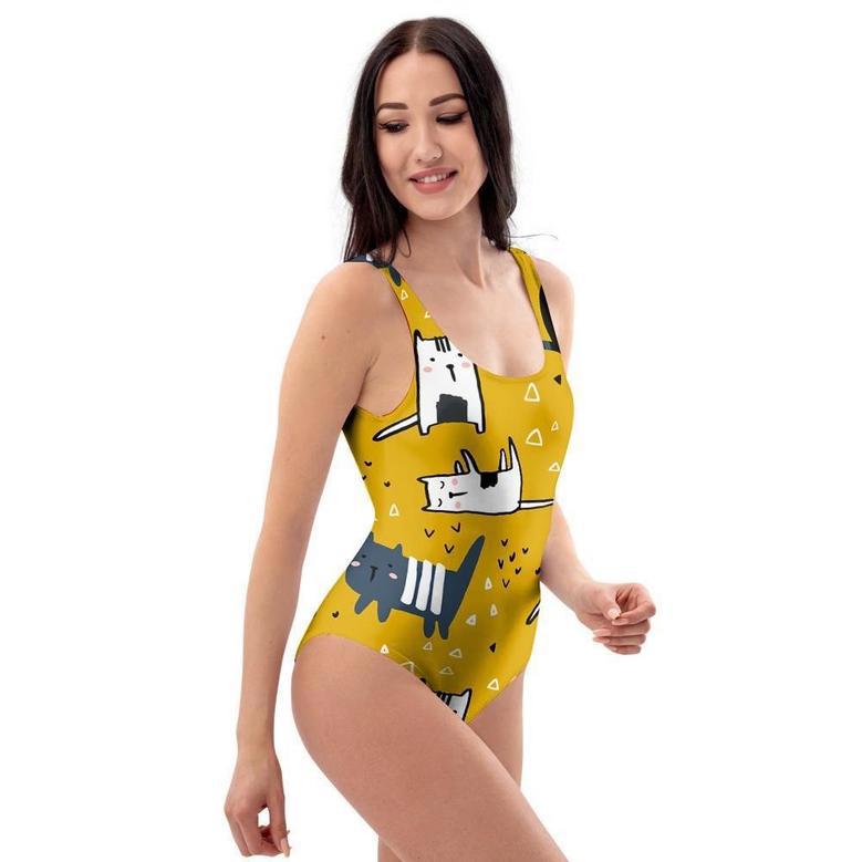 Yellow Doodle Cat Print One Piece Swimsuite