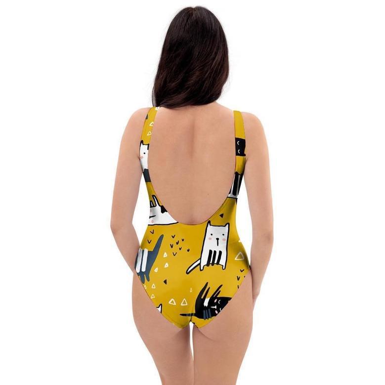 Yellow Doodle Cat Print One Piece Swimsuite