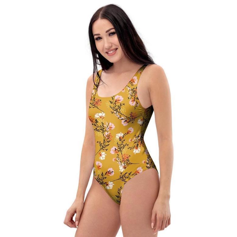 Yellow Floral Retro Print One Piece Swimsuite