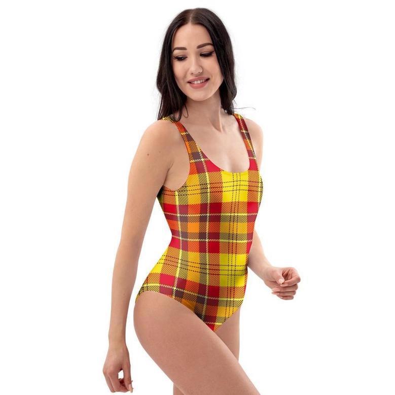 Yellow Plaid Tartan One Piece Swimsuite