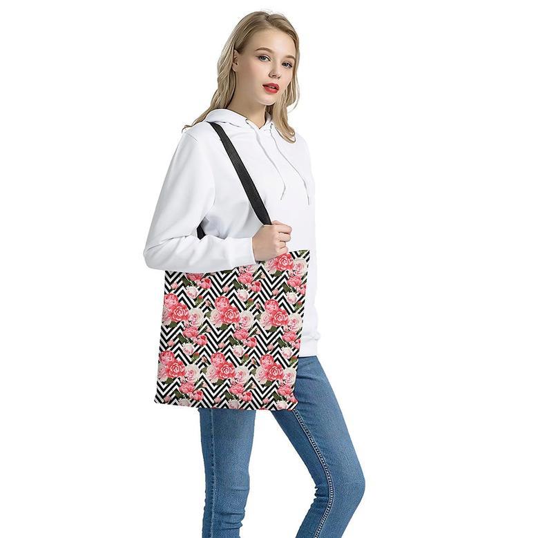 Zigzag Peony And Rose Pattern Print Tote Bag