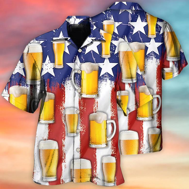 All Over Print Independence Day Beer Us Flag All Printed Hawaiian Shirt, Flag Shirt