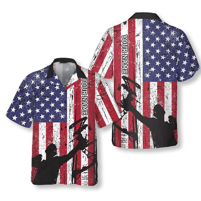 Archery America Flag Archery Custom Hawaiian Shirt, Personalized Name Archery Hawaiian Shirt