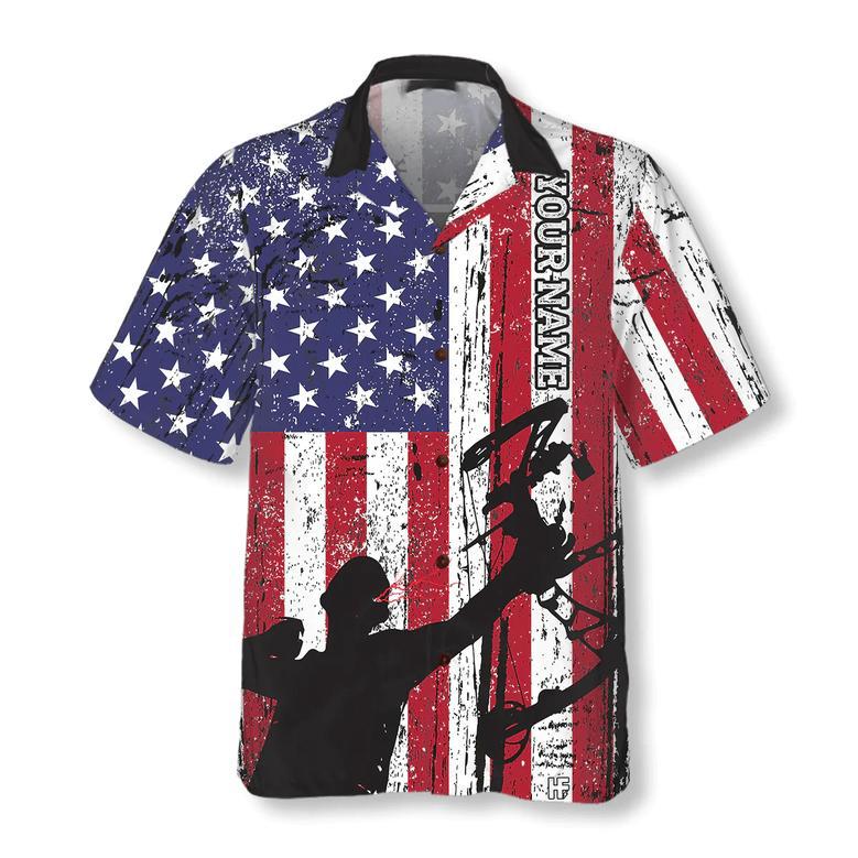 Archery America Flag Archery Custom Hawaiian Shirt, Personalized Name Archery Hawaiian Shirt