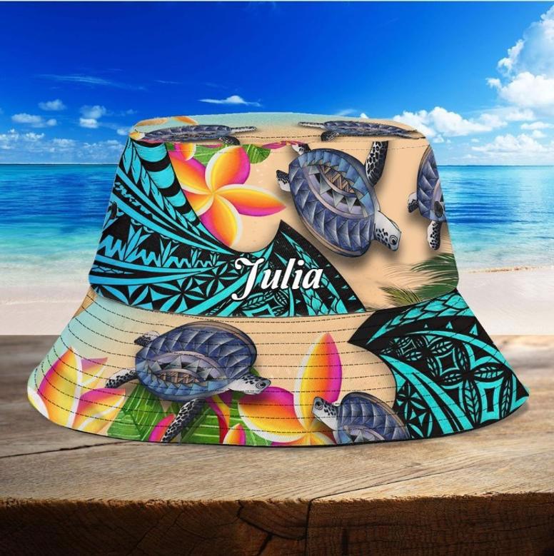 Beach Turtle Flip Flop Bucket Hat, Custom Name Beach Pattern Turtle Lovers Bucket Hats