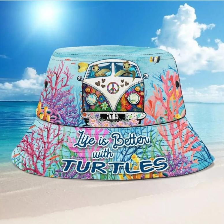 Beach Turtle Flip Flop Bucket Hat, Custom Name Beach Pattern Turtle Lovers Bucket Hats