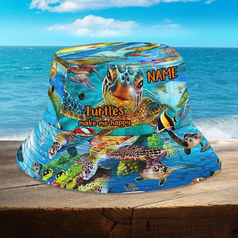 Beach Turtle Flip Flop Bucket Hat, Custom Name Beach Pattern Turtle Lovers Bucket Hats