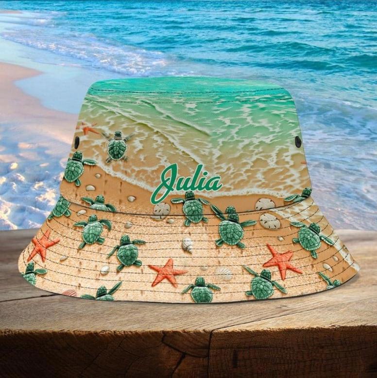 Beach Turtle Flip Flop Bucket Hat, Custom Name Beach Pattern Turtle Lovers Bucket Hats