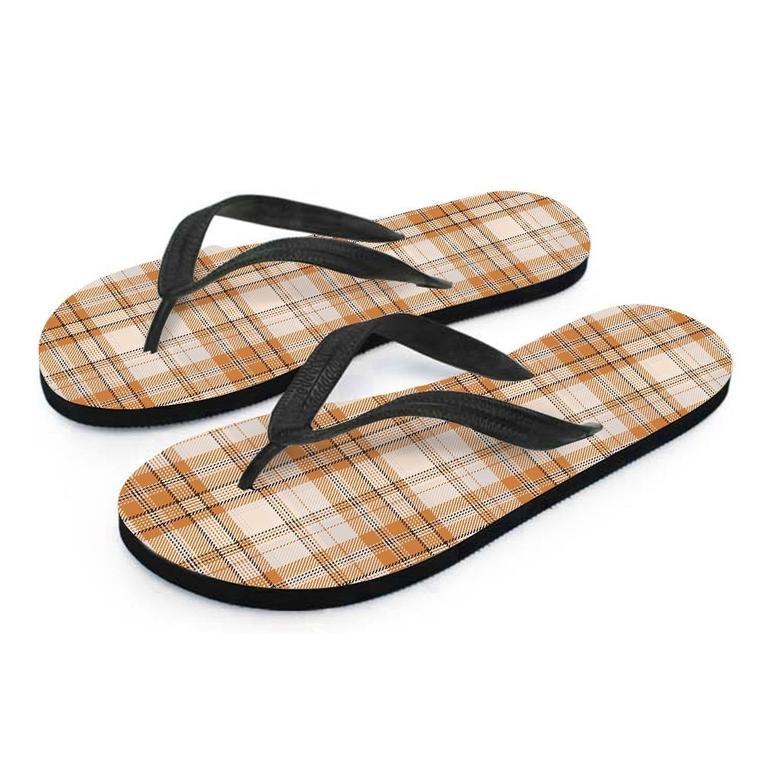 Beige Plaid Tartan Print Men's Flip Flops