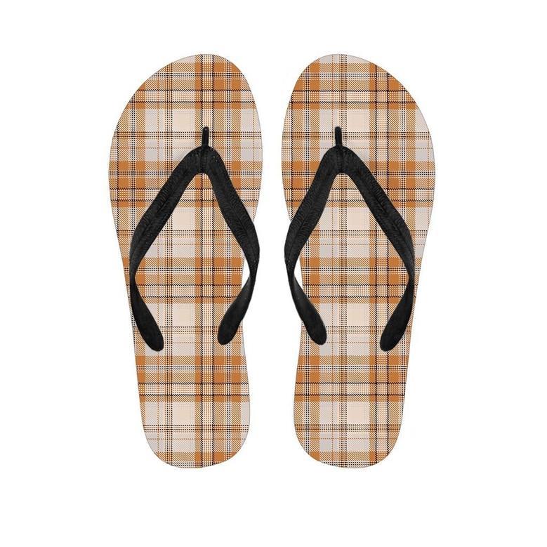 Beige Plaid Tartan Print Men's Flip Flops