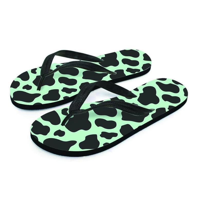 Black And Green Cow Print Men's Flip Flops