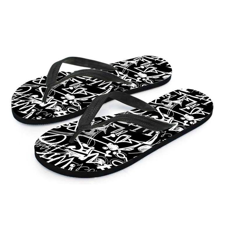 Black And White Graffiti Doodle Text Print Men's Flip Flops