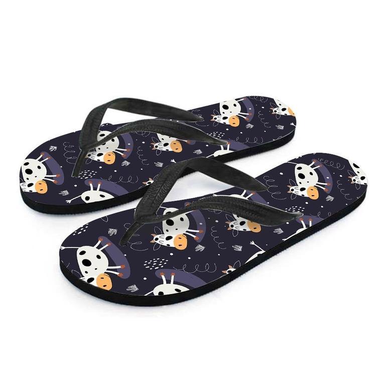 Black Cartoon Cow Print Men's Flip Flops