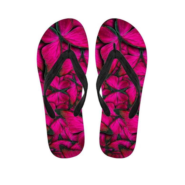 Black Pink Butterfly Print Men's Flip Flops