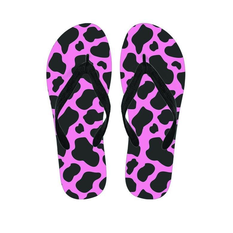 Black Pink Cow Print Men's Flip Flops