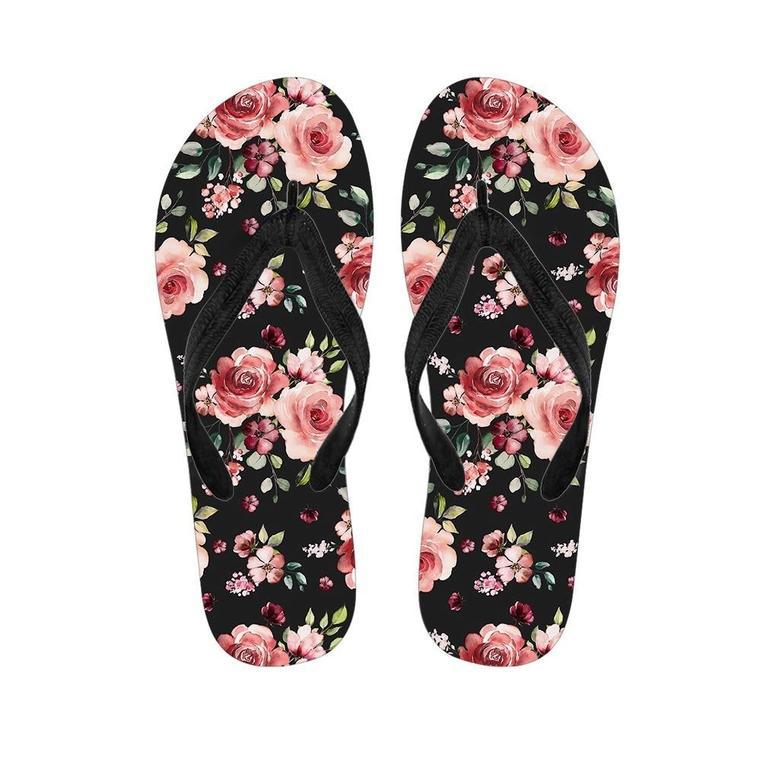 Black Pink Rose Flower Print Men's Flip Flops