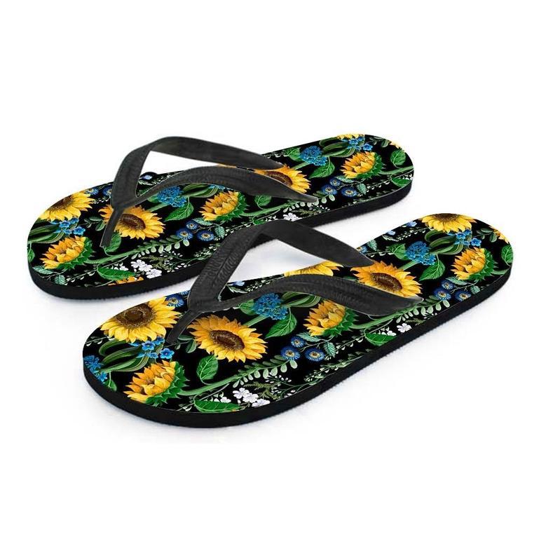 Black Sunflower Floral Men's Flip Flops