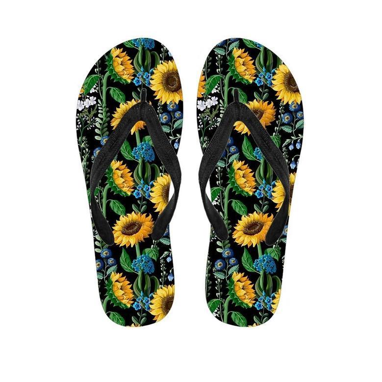 Black Sunflower Floral Men's Flip Flops