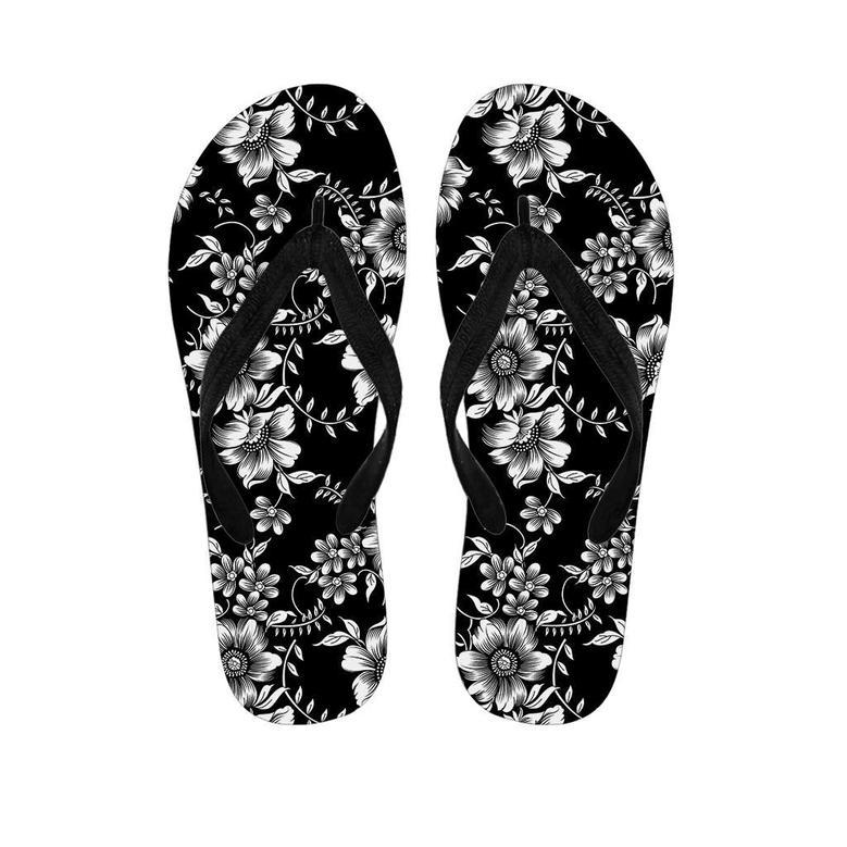 Black White Floral Print Men's Flip Flops