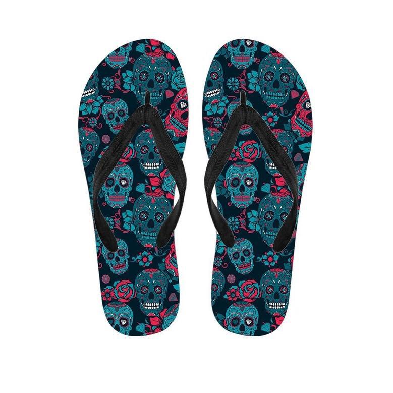 Blue And Red Floral Sugar Skull Men's Flip Flops