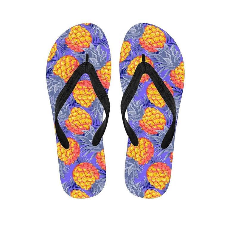 Blue Neon Pineapple Hawaiian Print Men's Flip Flops