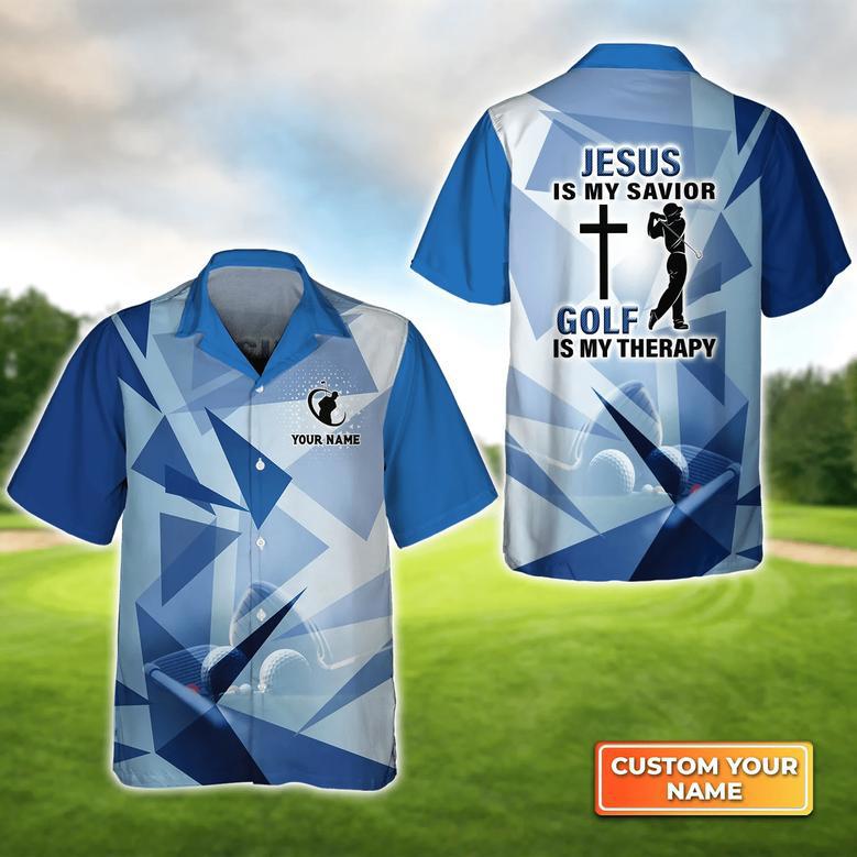 Blue Pattern Jesus Is My Savior Golf Is My Therapy Personalized Name Hawaiian Shirt Gift For Golfer