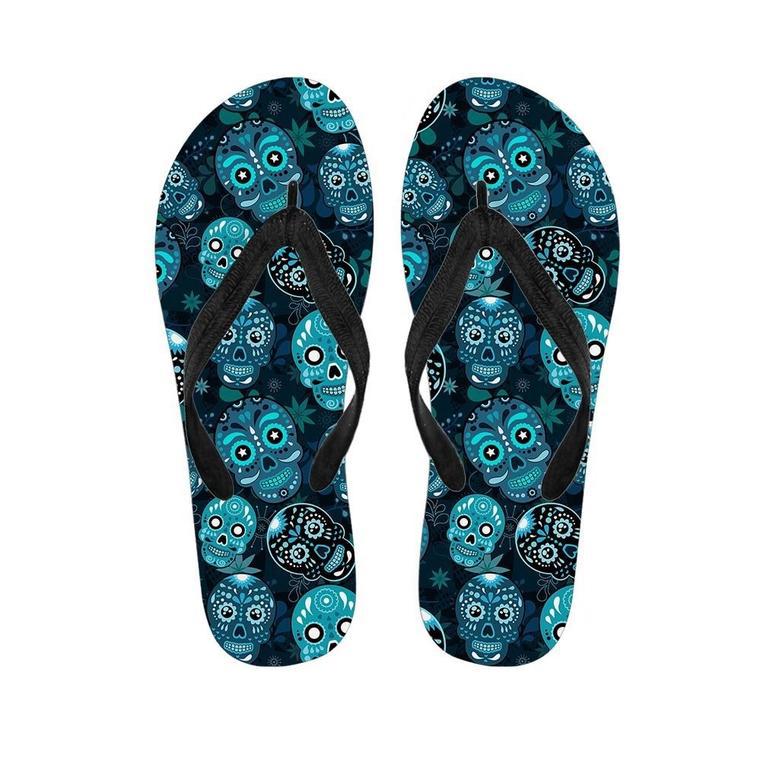 Blue Sugar Skull Print Men's Flip Flops