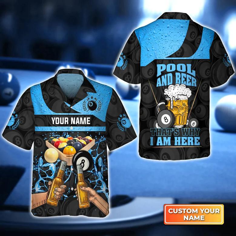 Blue Ver Eight-Ball Pool And Beer That's Why I Am Here Hawaiian Shirt, billiard team uniform, Gift For Billiard Players