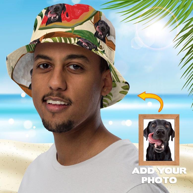 Custom Dog Photo Coconut, Watermelon Hawaiian Bucket Hat for Boyfriend, Girlfriend