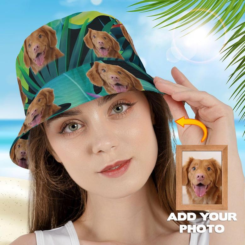 Custom Dog Photo Verdant Green Bucket Hat for Husband, Wife Summer Hats