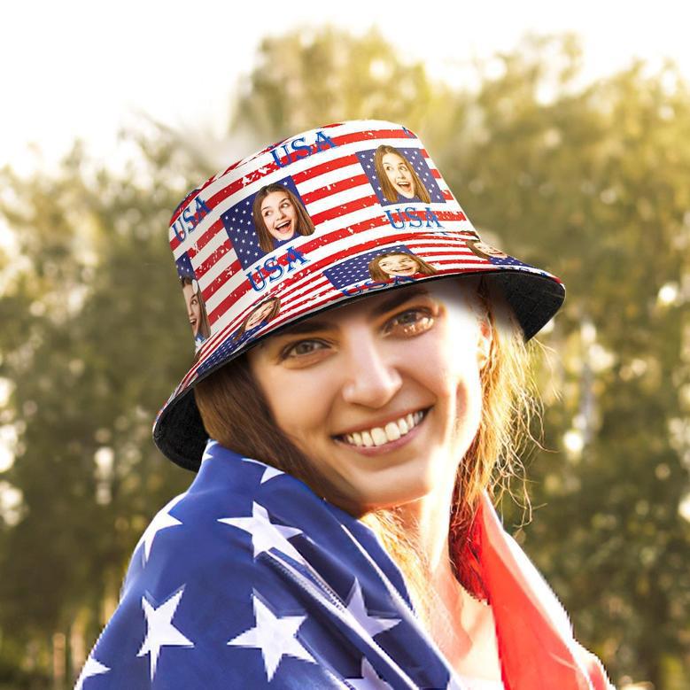 Custom Face American Flag of July Bucket Hat for Men, Women, Fisherman Hat