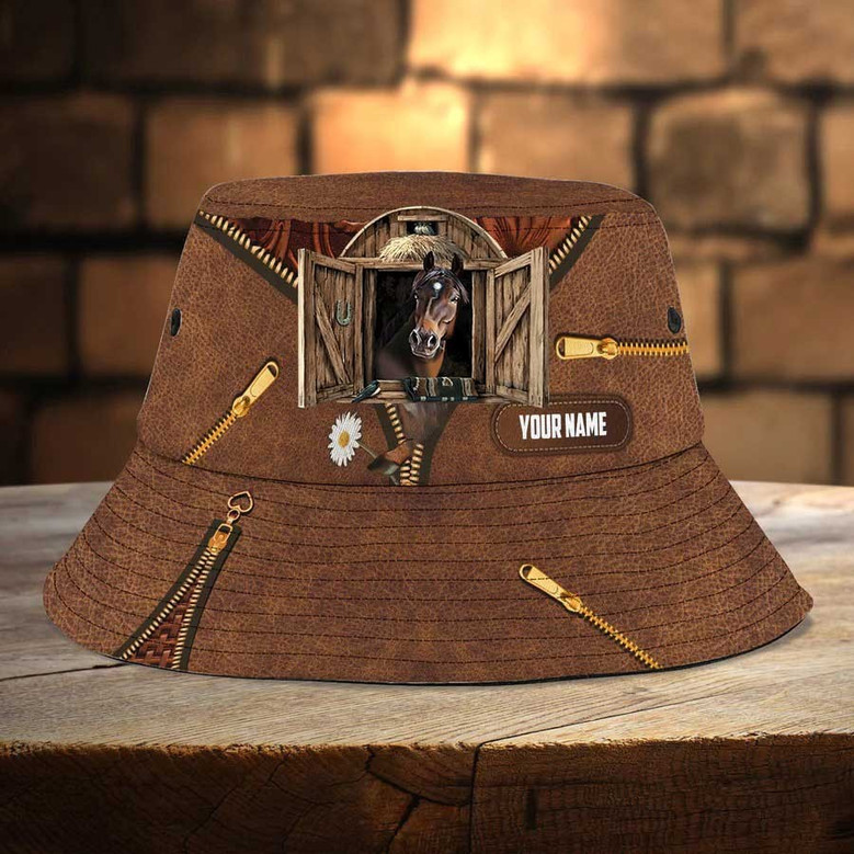 Customized Color Horse Bucket Hat Leather Pattern For Farmers, Husband, Girl Horse Bucket Hat for Son, Mom