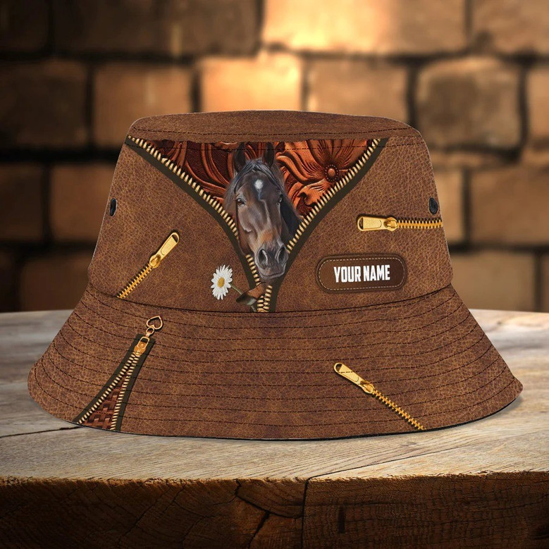 Customized Color Horse Bucket Hat Leather Pattern For Farmers, Husband, Girl Horse Bucket Hat for Son, Mom