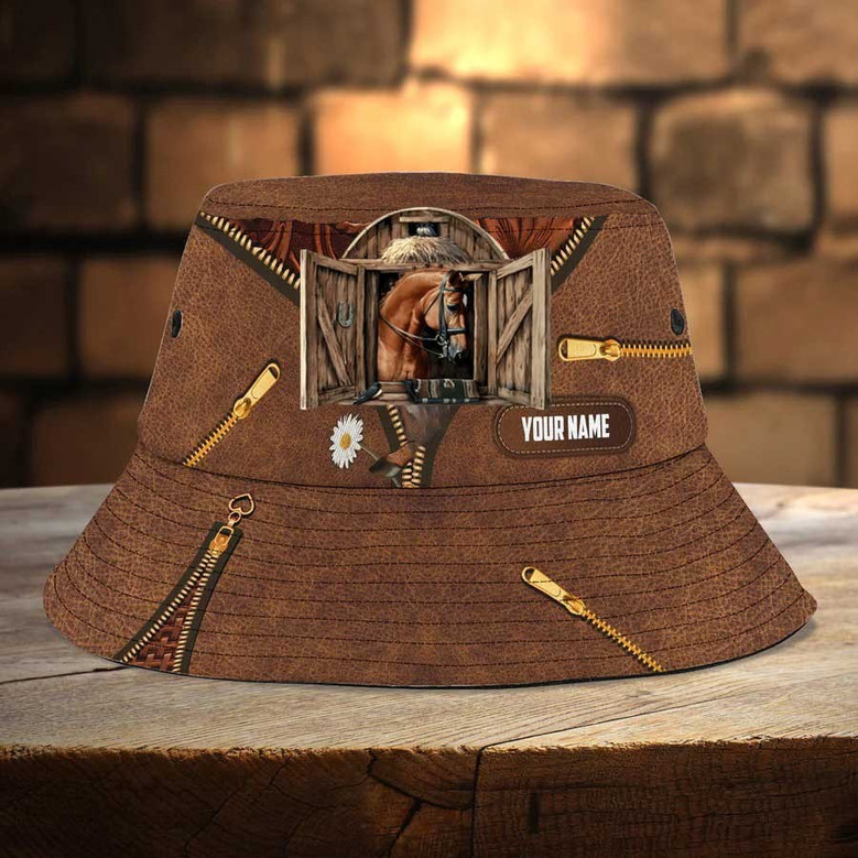 Customized Color Horse Bucket Hat Leather Pattern For Farmers, Husband, Girl Horse Bucket Hat for Son, Mom