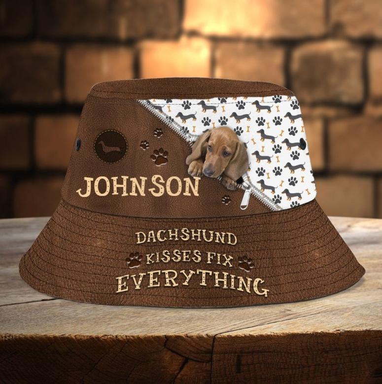 Customized Dachshund Kisses Fix Everything Bucket Hat, Leather Pattern Dachshund Dog Lovers Hat