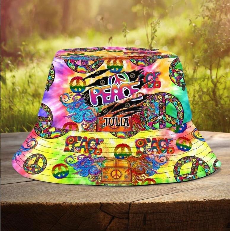 Customized Hippie Car Bucket Hat for Girl, Custom Name Colorful Hippie Girl Hats